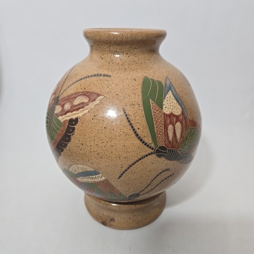 Decorative South American Vase Pottery Butterfly Design w/ Base Stand